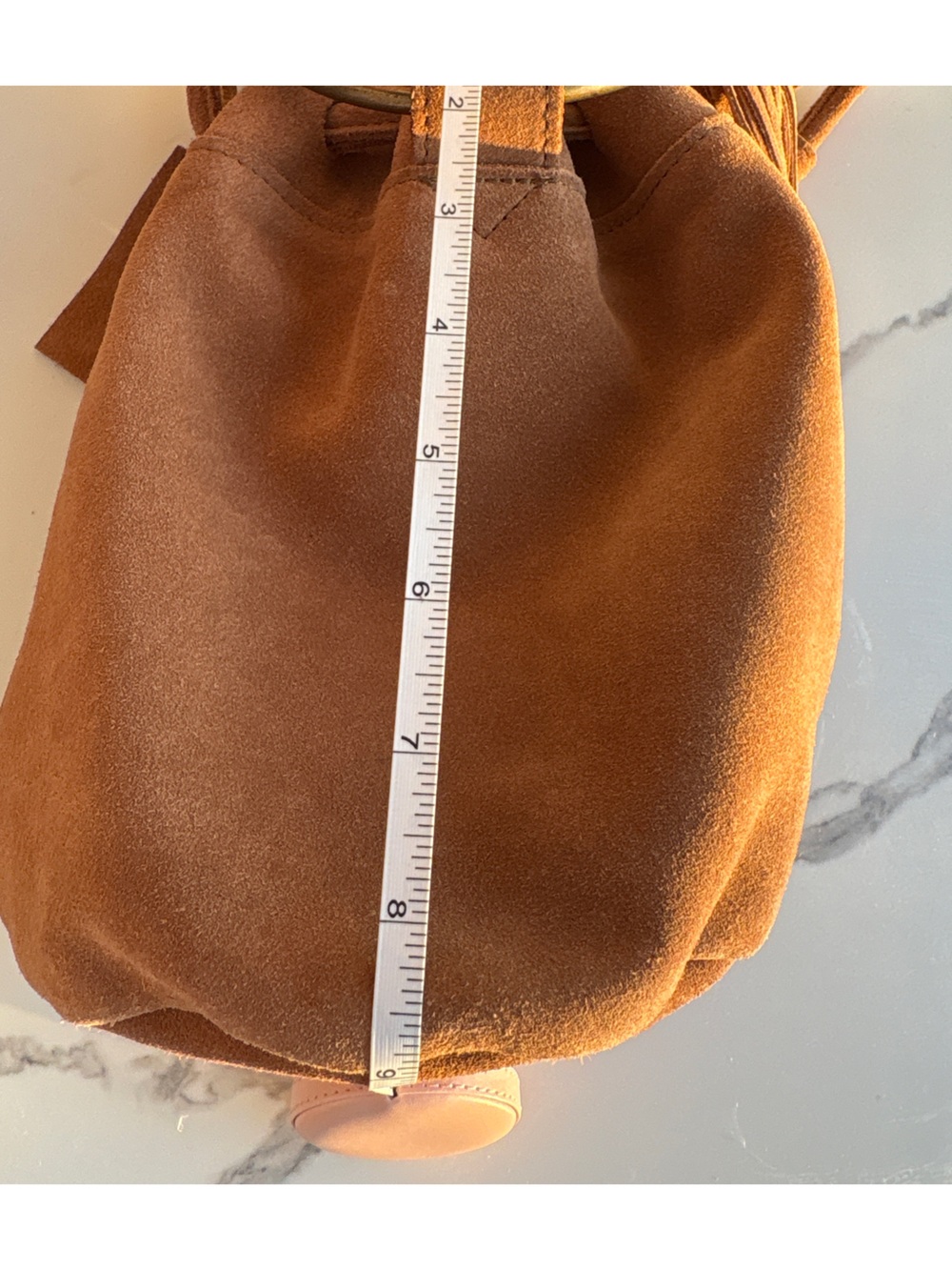 World Market Brown Suede Bucket Bag Metal Ring Handle Drawstring Leather Purse - Picture 6 of 9
